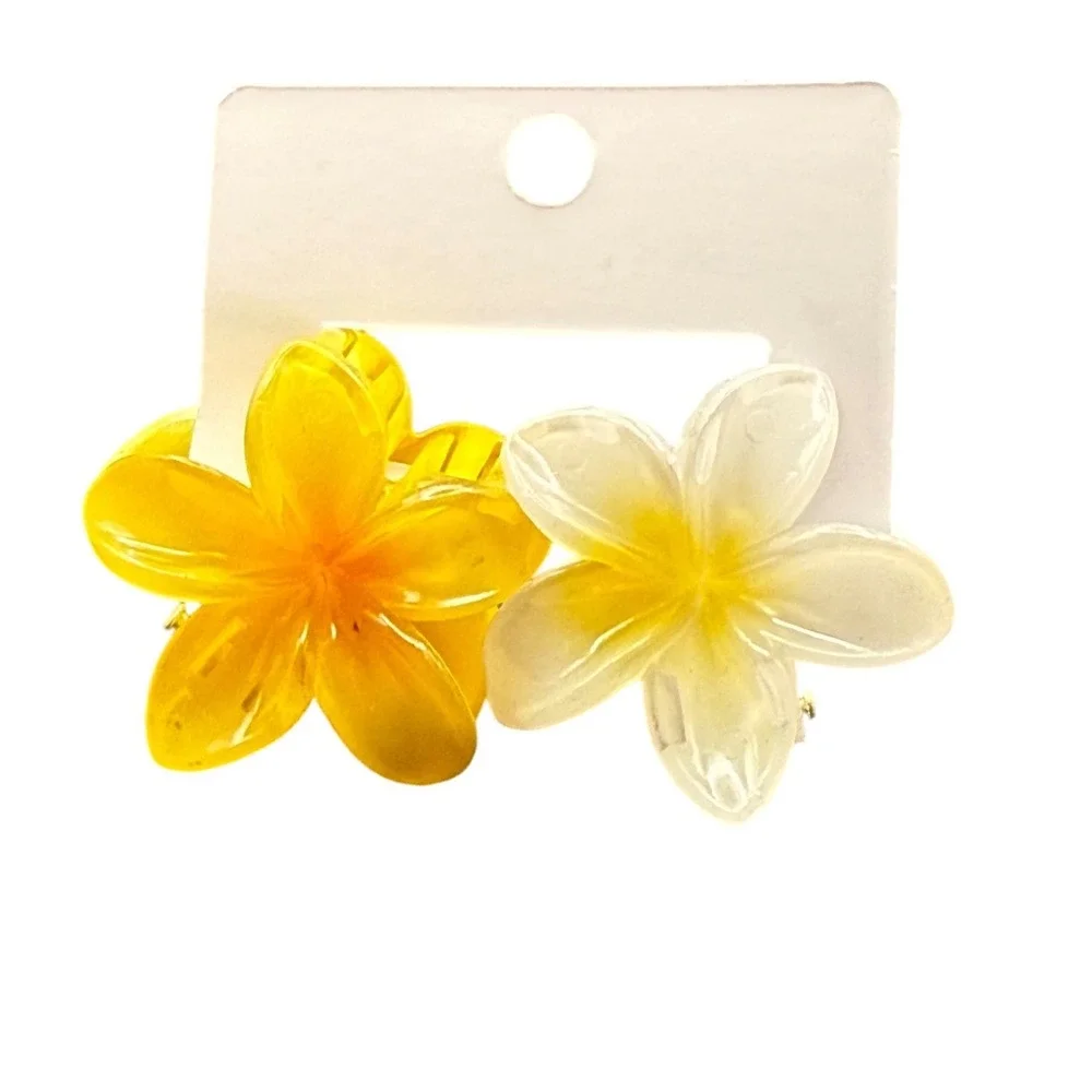 Set of 2 Plumeria Flower Mini Hair Claw Clips Yellow and White Tropical Floral‎